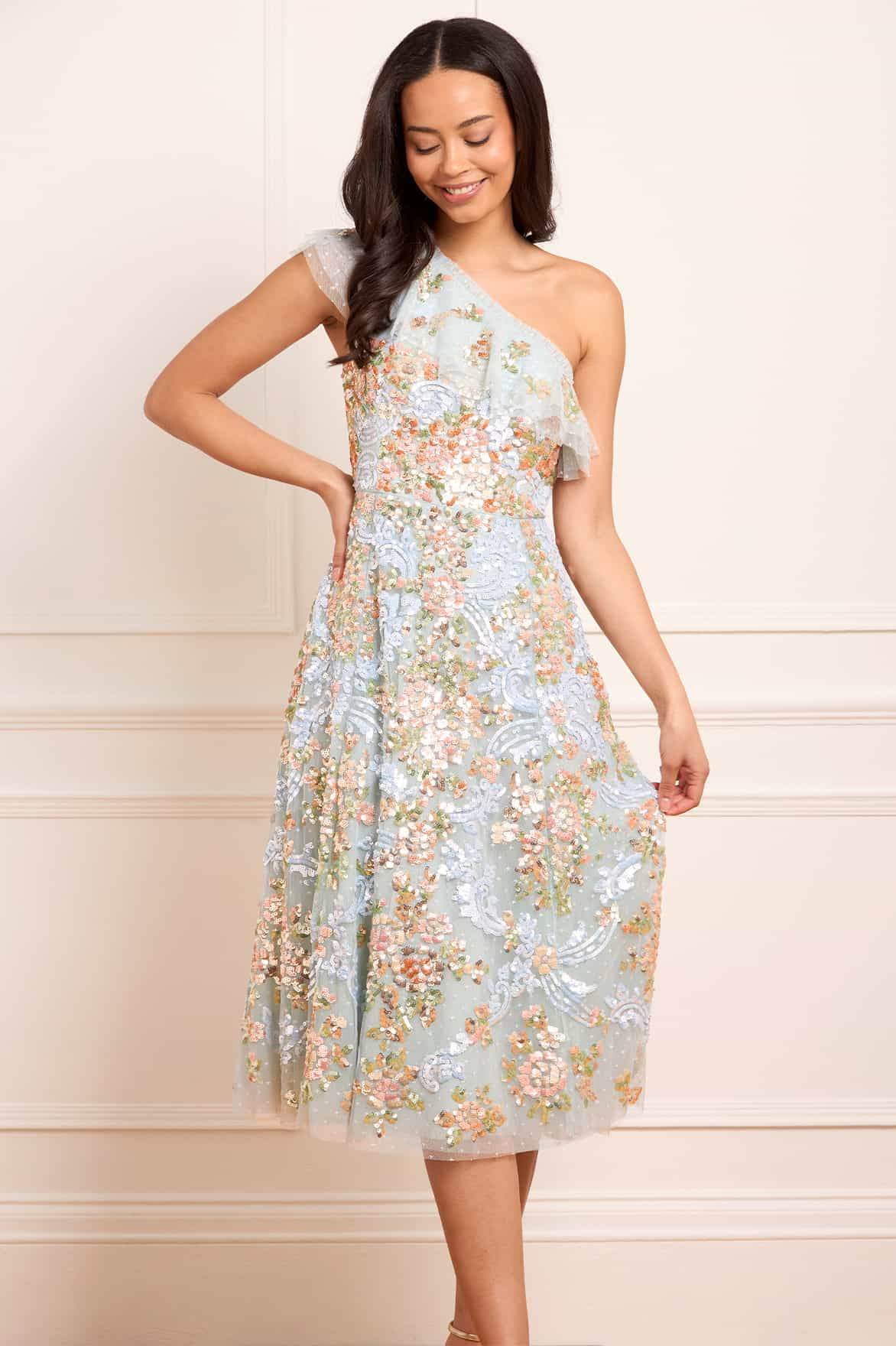 Baroque Floral One-Shoulder Midaxi Dress - Image 3