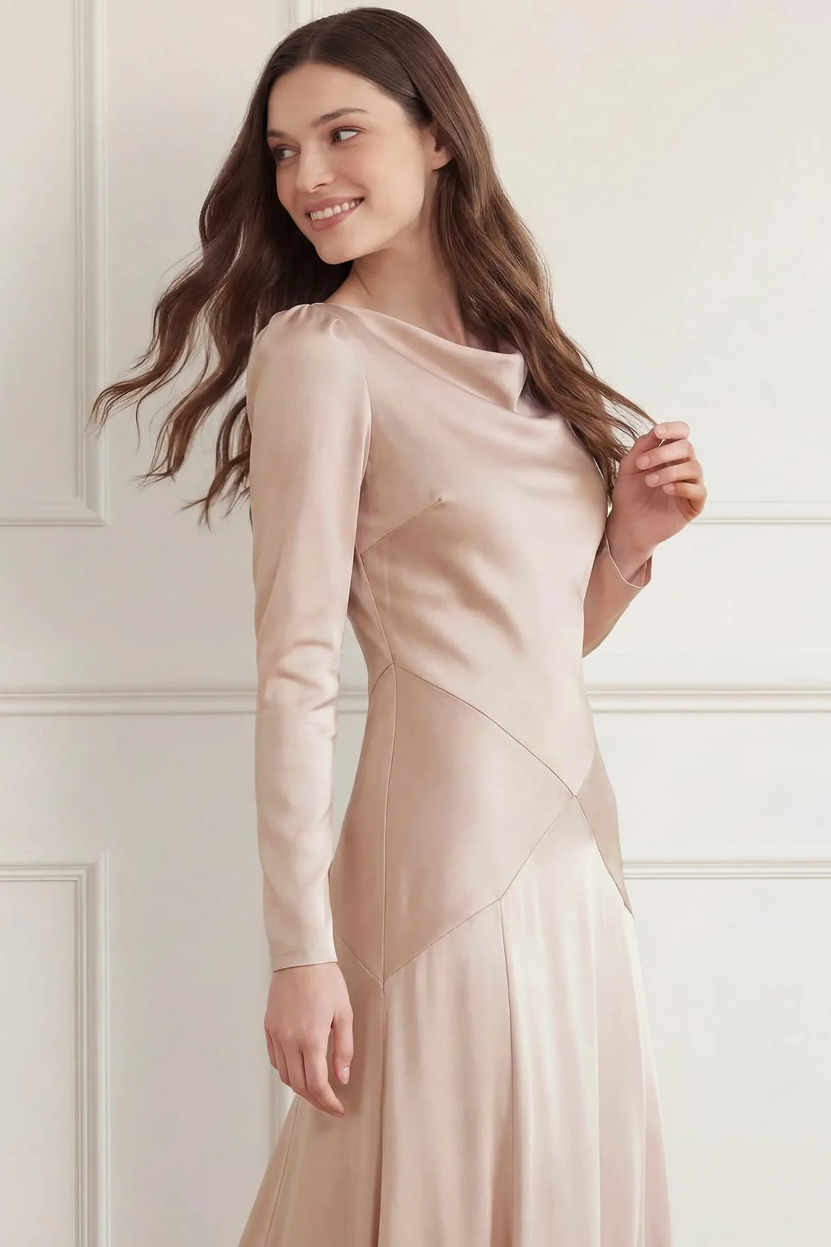 Evangeline Satin Cowl Neck Long Sleeve Gown - Image 3