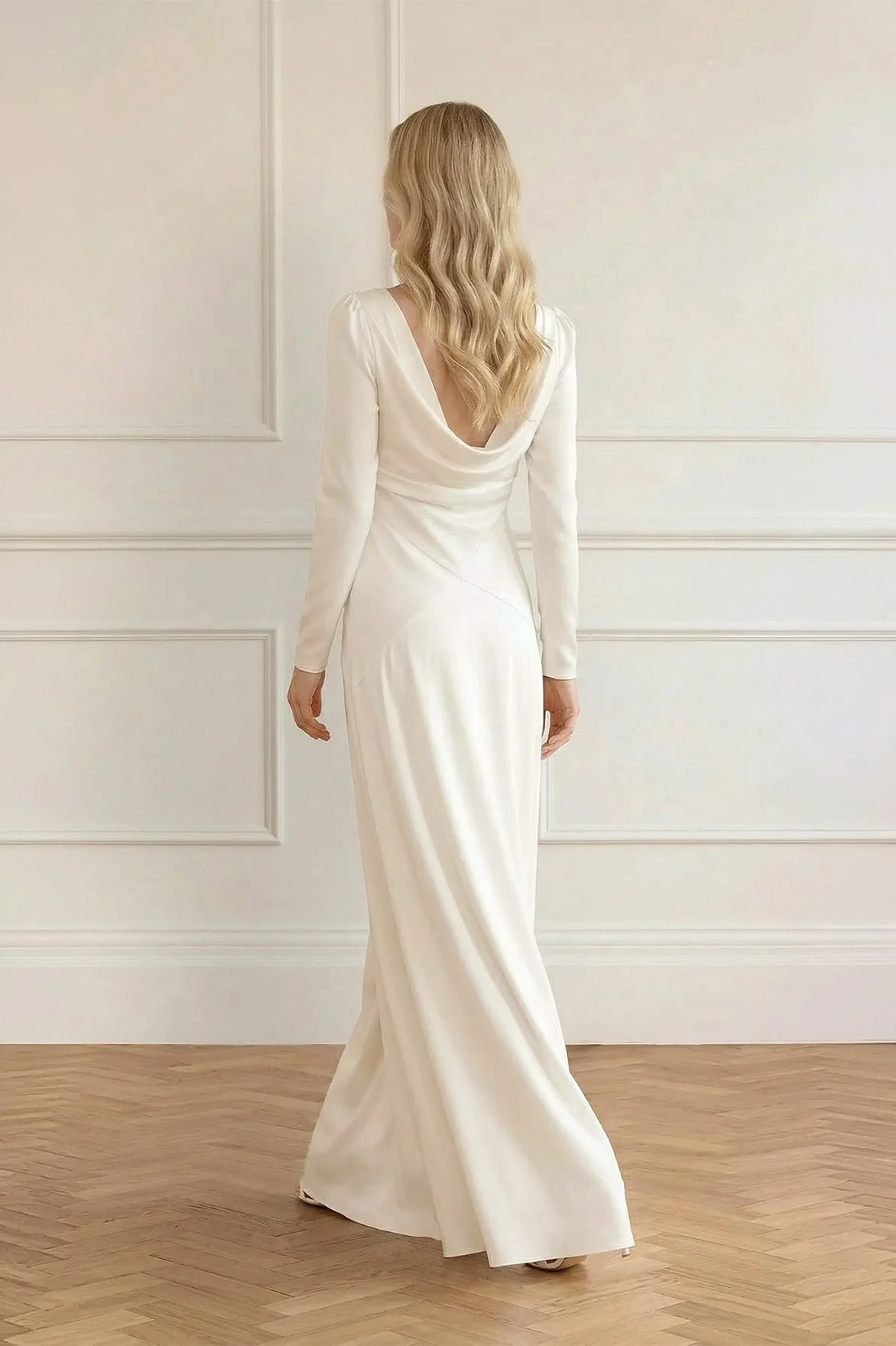 Evangeline Satin Cowl Neck Long Sleeve Gown - Image 6