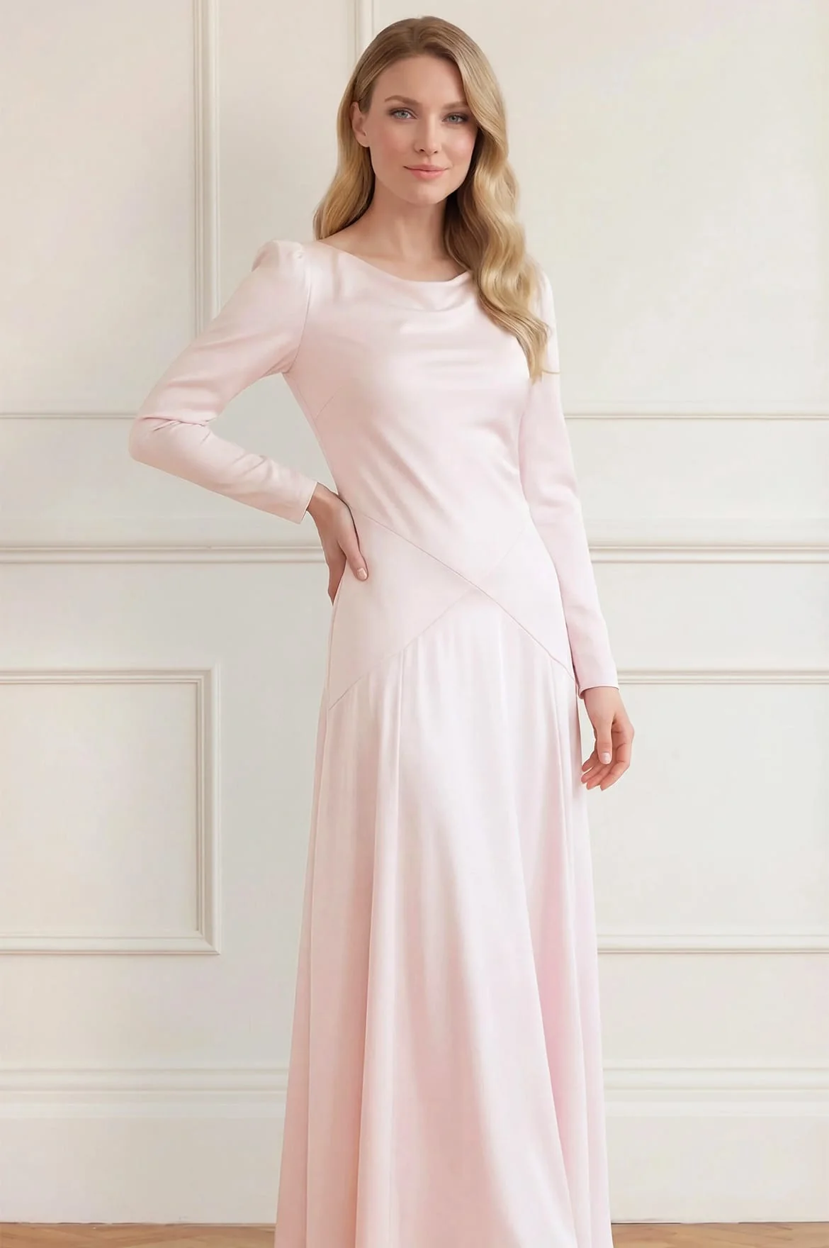 Evangeline Satin Cowl Neck Long Sleeve Gown