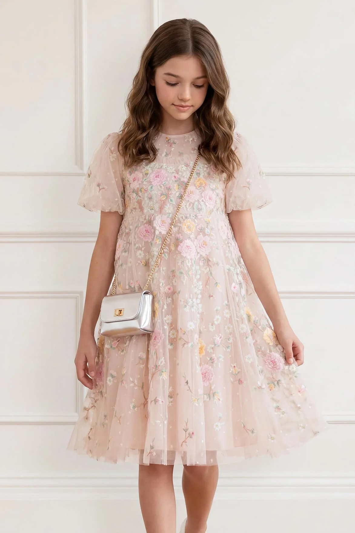Garden Rose Puff Sleeve Kids Dress
