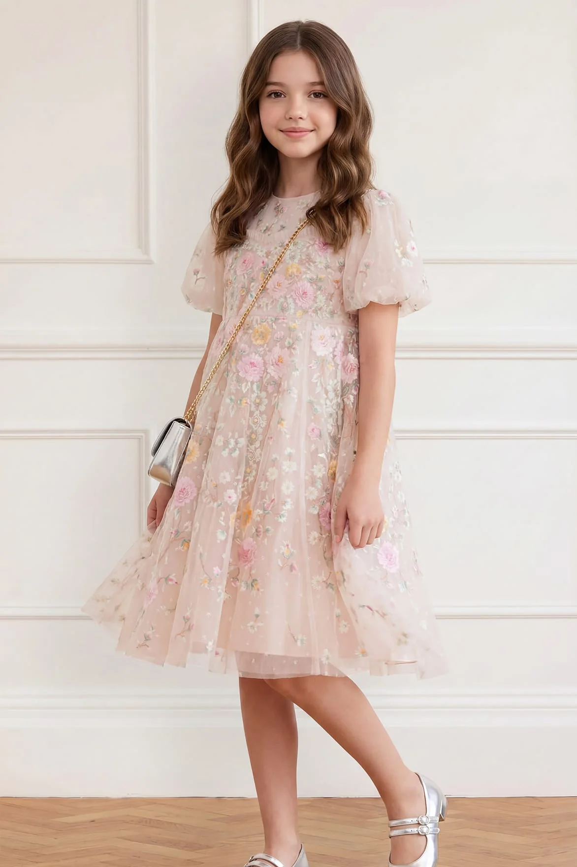 Garden Rose Puff Sleeve Kids Dress - Image 3