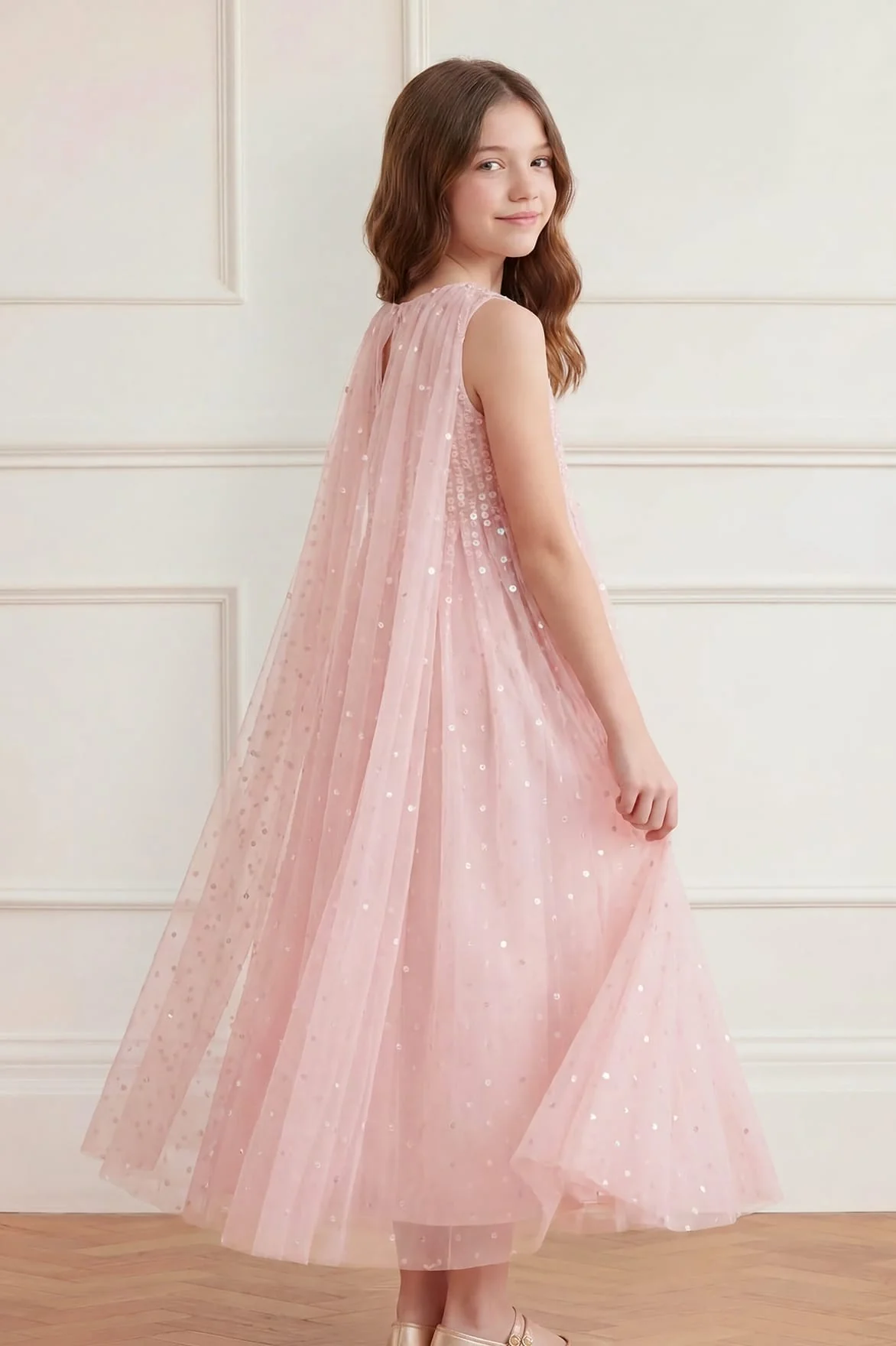 Moonlight Sequin Draped Cape Kids Gown - Image 3