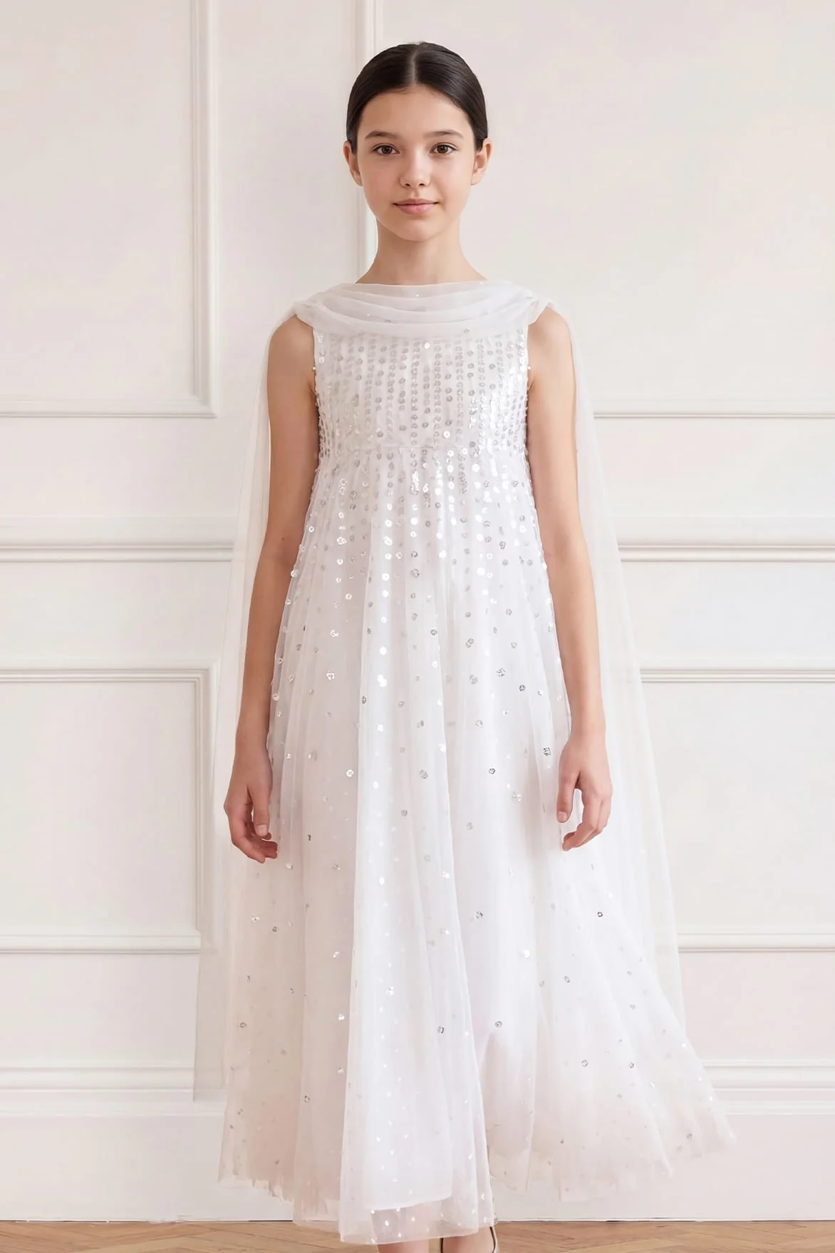 Moonlight Sequin Draped Cape Kids Gown