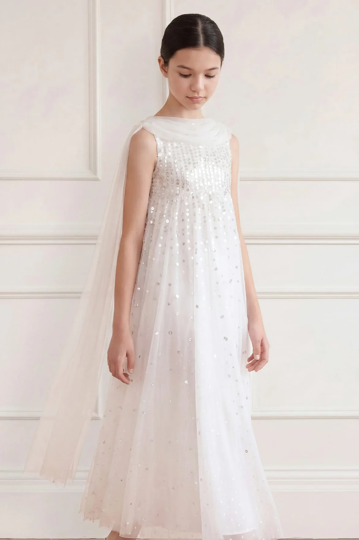 Moonlight Sequin Draped Cape Kids Gown - Image 3