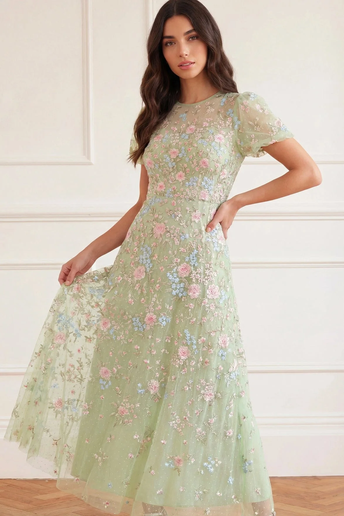 Peony Bouquet Round Neck Ankle Gown - Image 2
