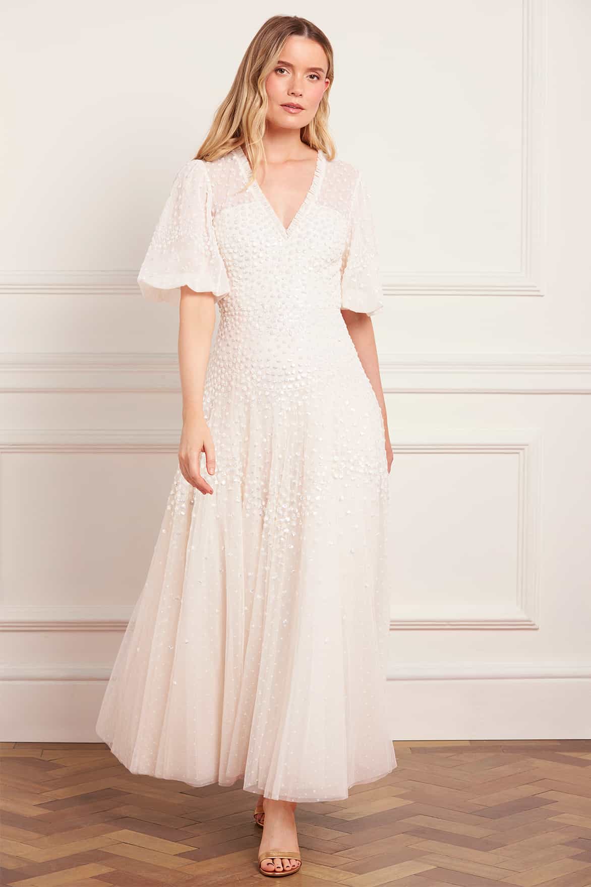 Scallop Sequin V-Neck Ankle Gown