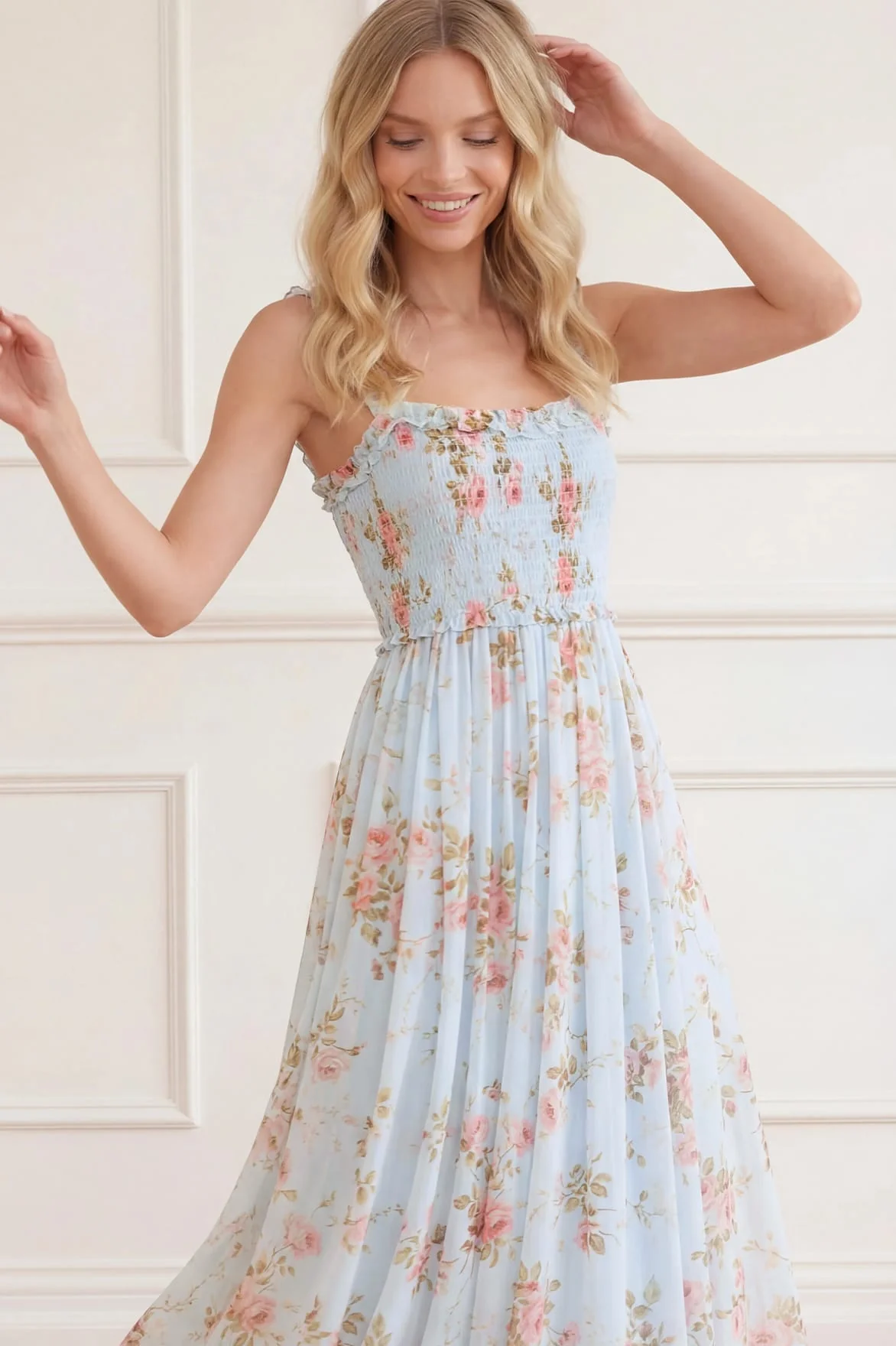 Summer's Rose Chiffon Smocked Cami Ankle Gown - Image 5