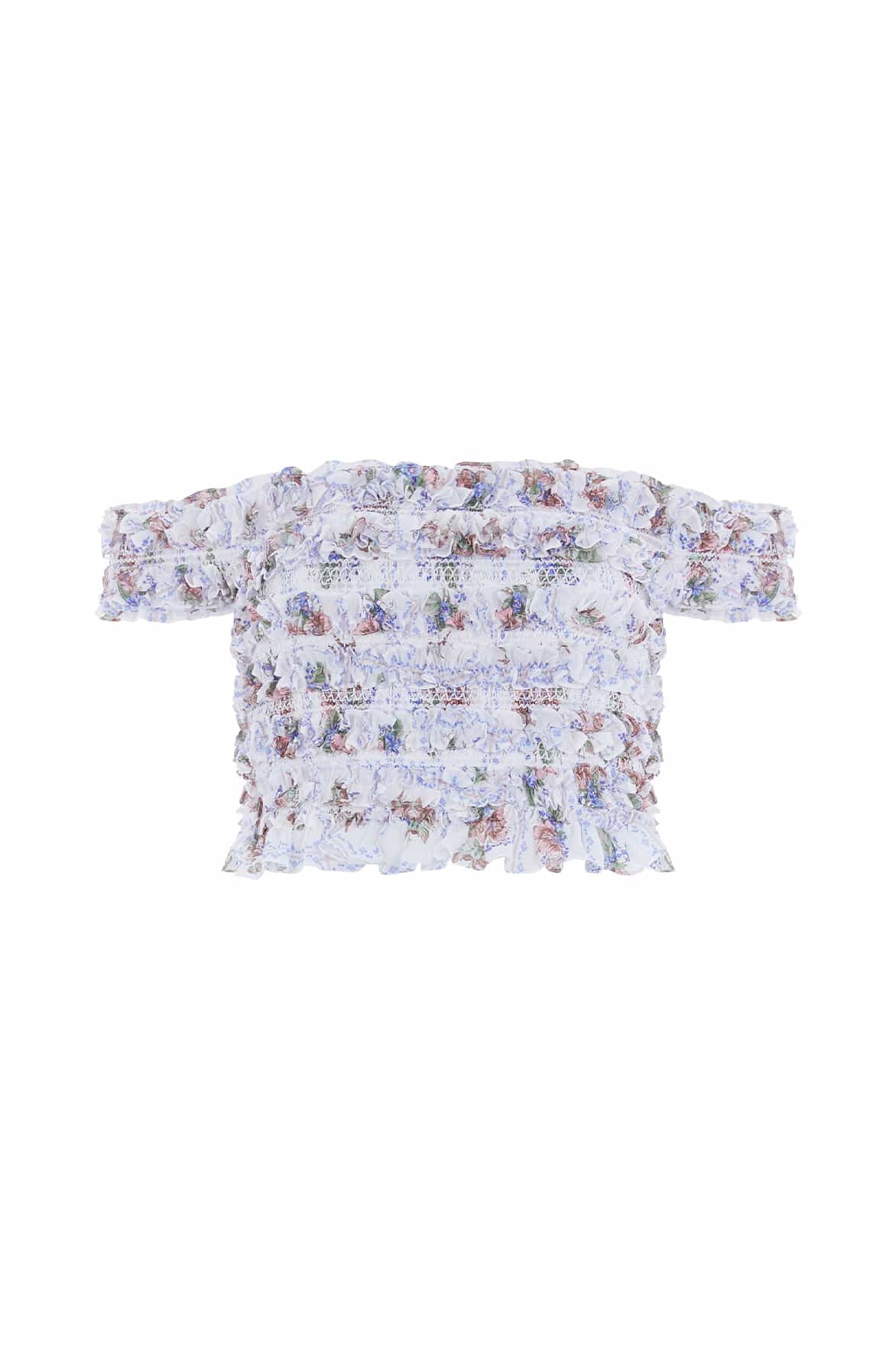 Tiled Blooms Chiffon Smocked Off-Shoulder Top - Image 3