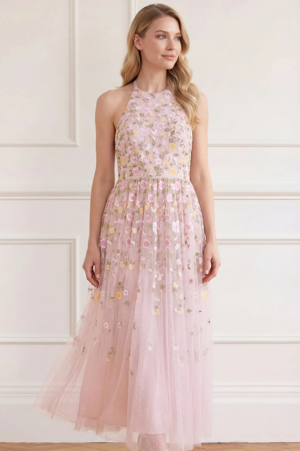 Trailing Roses Halter-Neck Ankle Gown