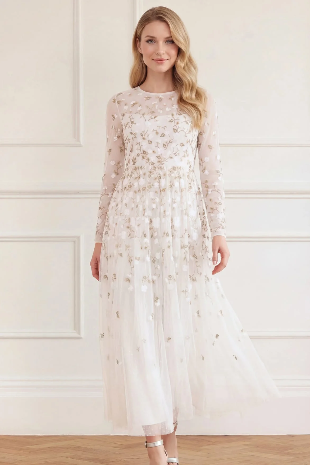 Trailing Roses Long Sleeve Ankle Gown