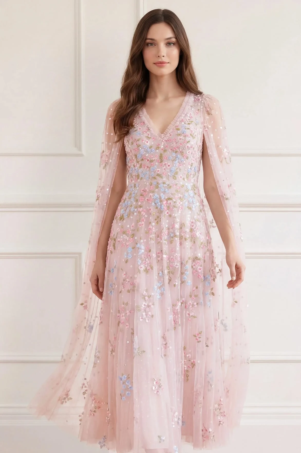 Versailles Ditsy V-Neck Cape Sleeve Ankle Gown