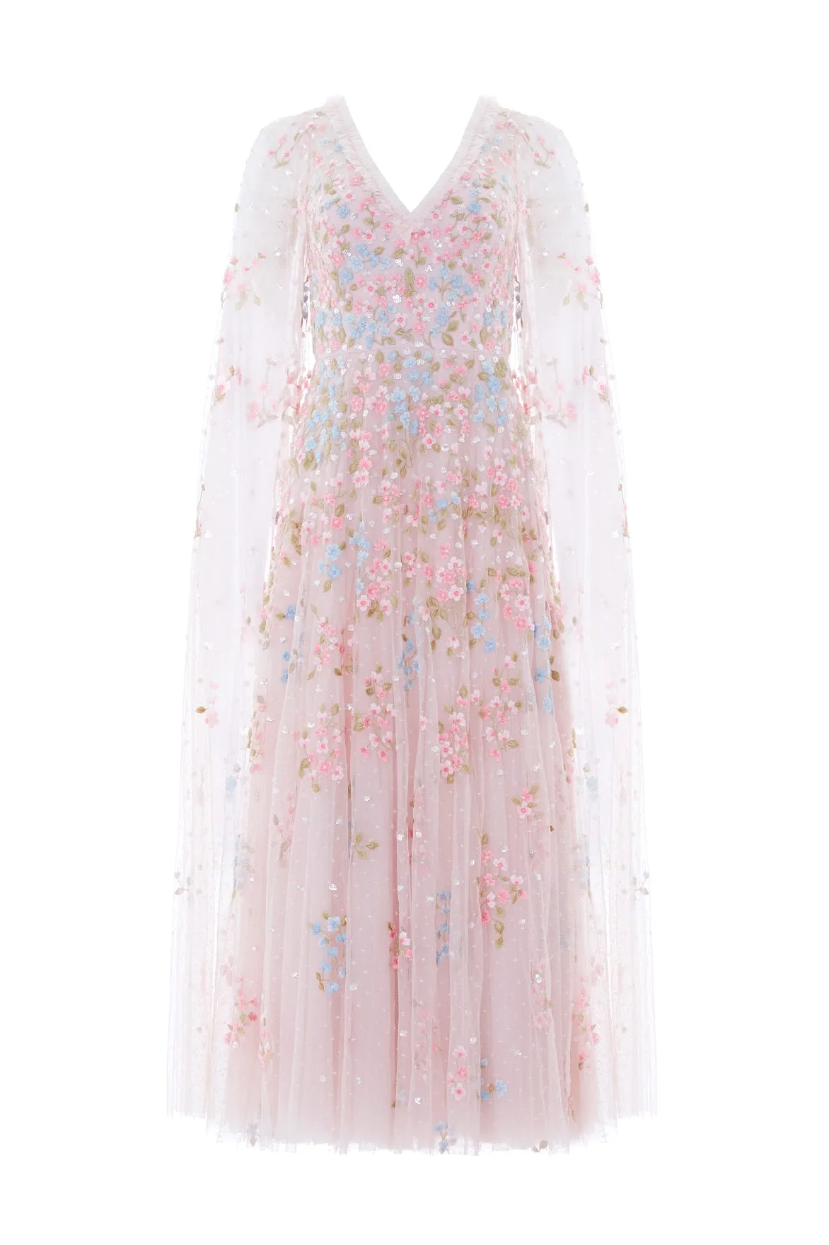 Versailles Ditsy V-Neck Cape Sleeve Ankle Gown - Image 2